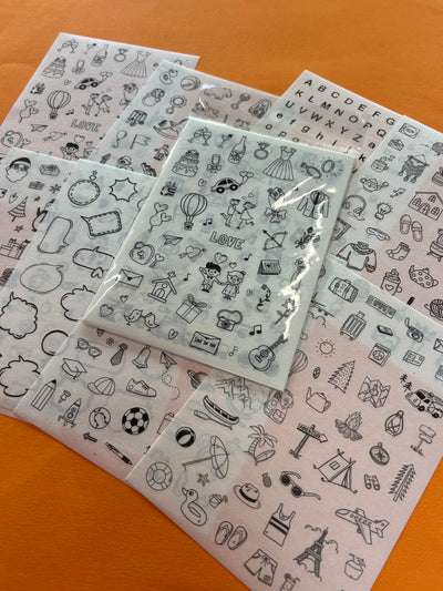 Kawaii Garage/Faulty Sale 🧡👑 1x stickerset 6 vellen zwart wit (#79)