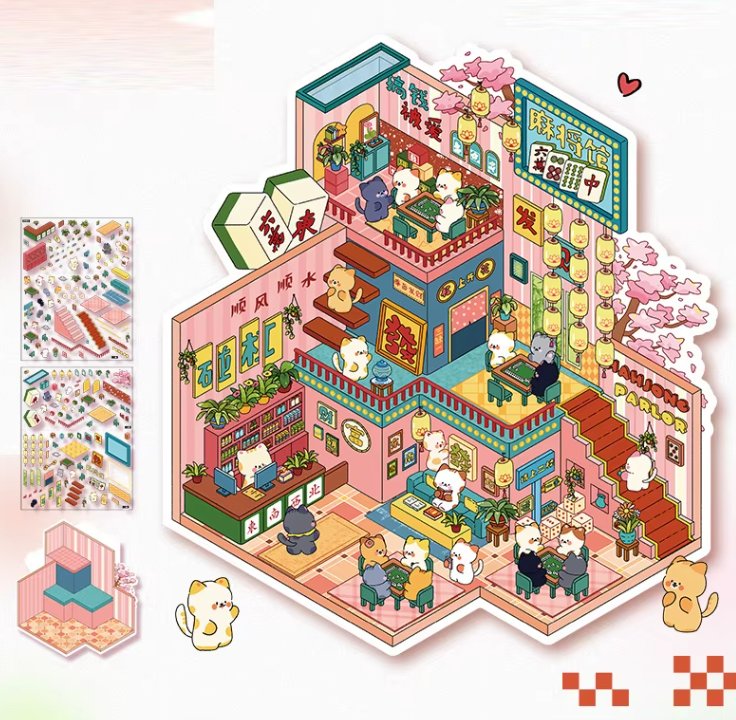 BYO Kawaii Sticker World - XL Mahjong Cats - DIY Sticker Scene Set