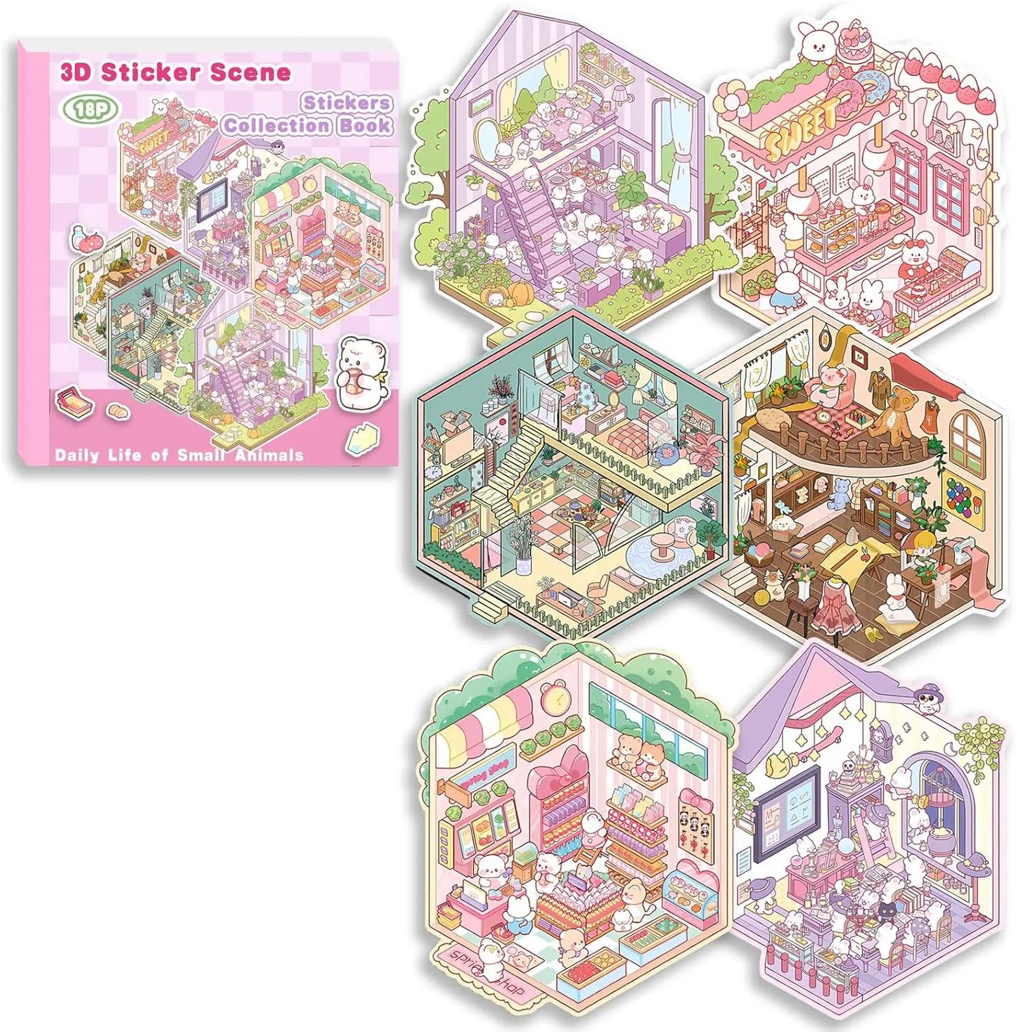BYO Kawaii Sticker World - Pink Scene Collection Book (18 vellen) - DIY Sticker Scene Set