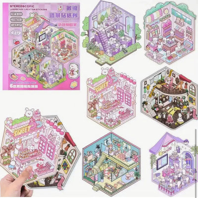 BYO Kawaii Sticker World - Pink Scene Collection Book (18 vellen) - DIY Sticker Scene Set